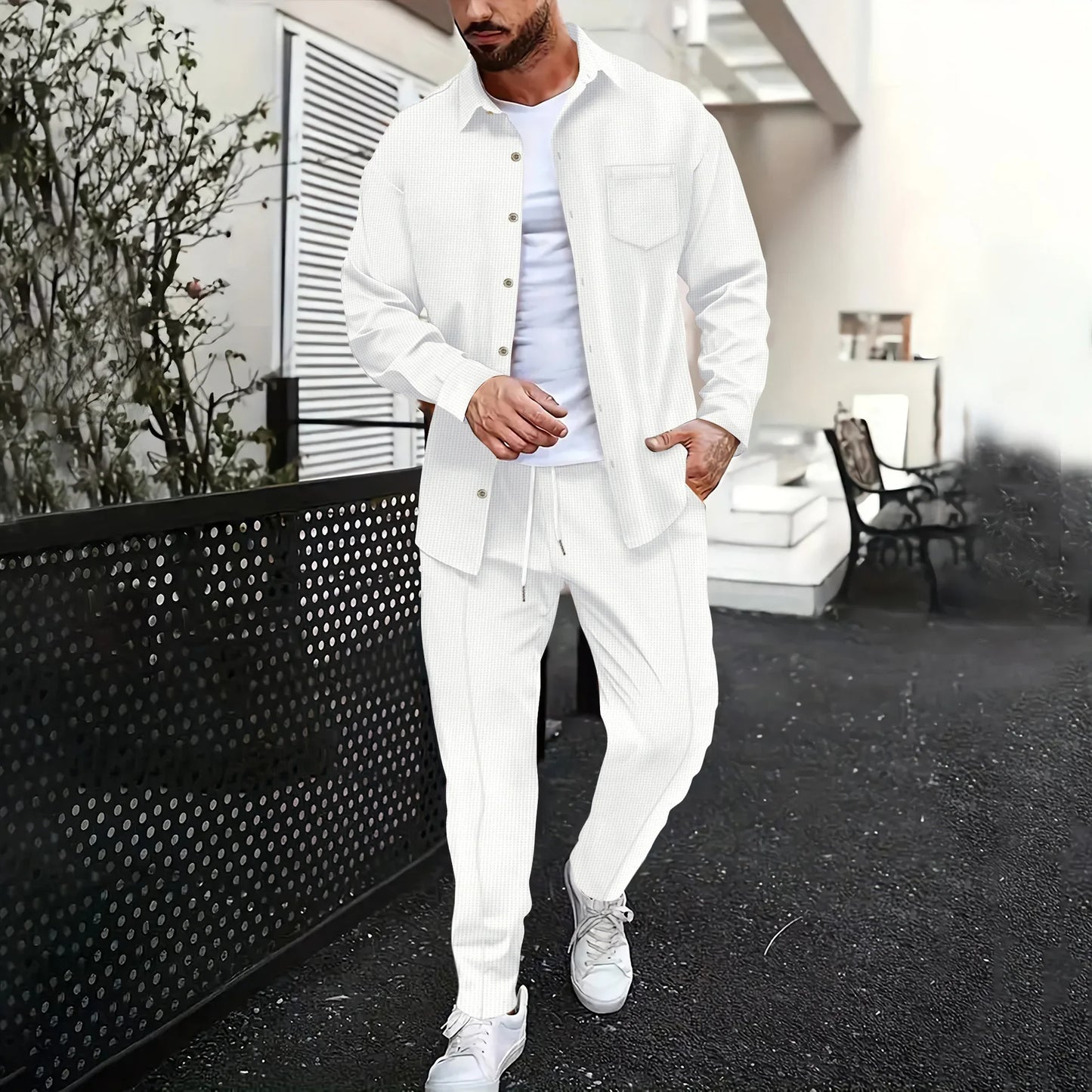 Spring and Autumn Men Waffle Solid Color Two-piece New Trend Lapel Long-sleeved Shirt and Trousers Casual Outdoor Sports Suit