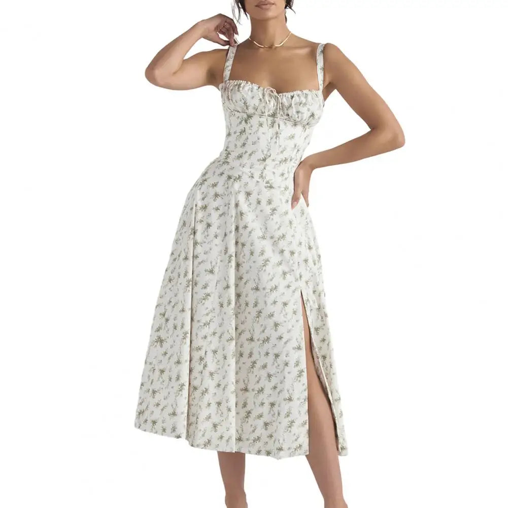 Sleeveless Party Dress Elegant Lace-up Bandeau Floral Print Midi Dress with Corset Design Side Split Hem Women's Slim for Women