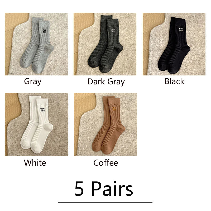 5 Pairs Socks Letter Designer Women Socks Luxury Brands Embroidered Striped Double-needle Mid-Tube Fashion Solid Cotton Socks
