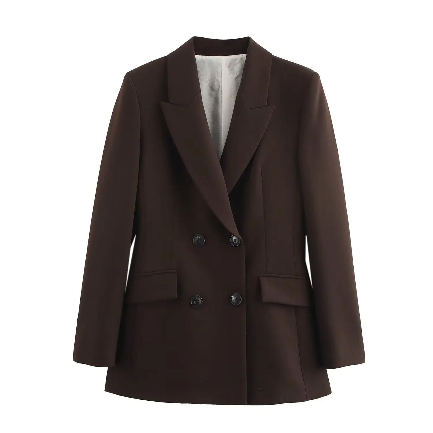TRAFZA 2025 Women Elegant Lapel Double-Breasted Pocket Casual Blazer Coat+Fashion High Waist Zipper Loose Trousers 2 Piece Set