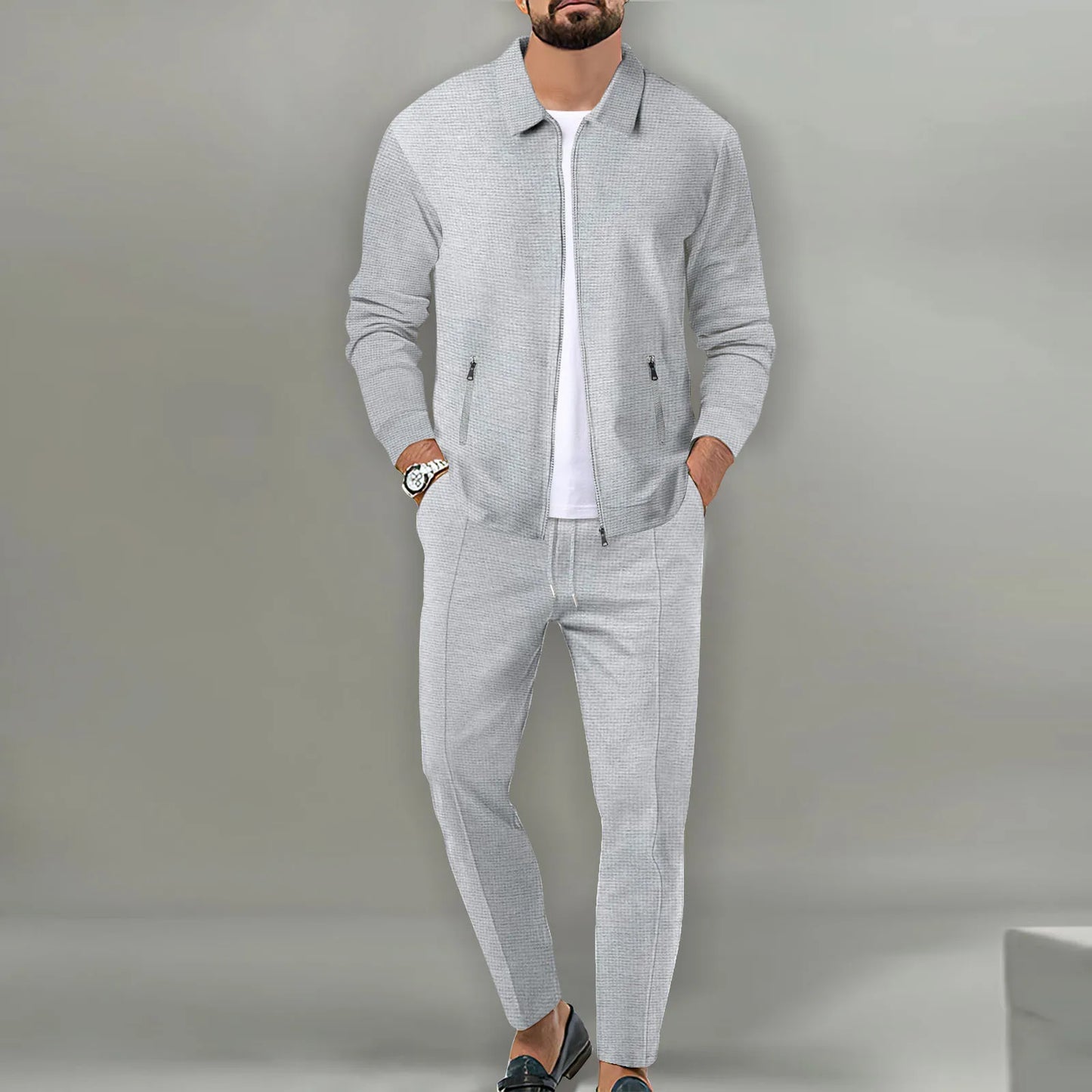 2025 Spring And Autumn Men's Two-Piece Breathable Waffle Lattice Zipper Pocket Lapel slim Cardigan Coat and Pants Men's Suit