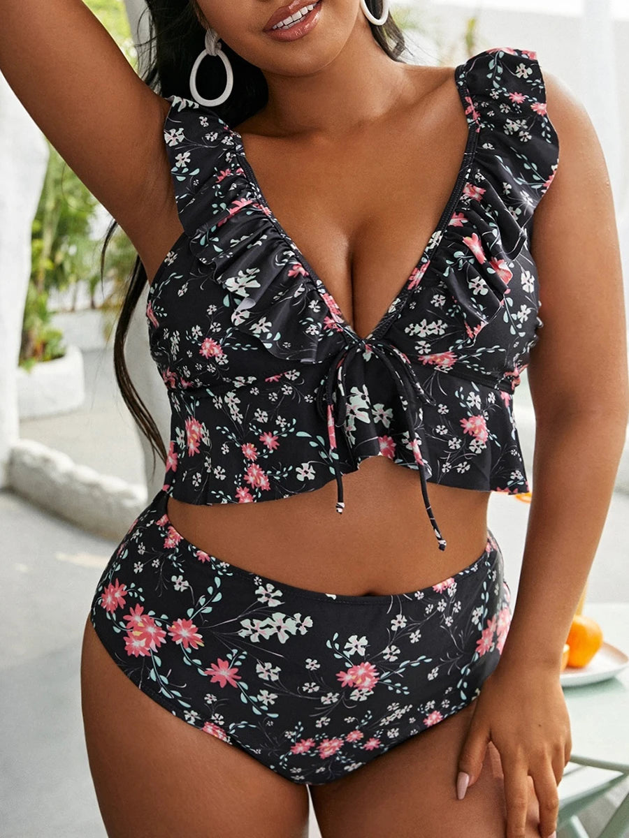 2025 Large Plus Size Bikinis Printed Ruffle Swimsuit Women High Waist Swimwear Female Bathers Bathing Swimming Swim Suit