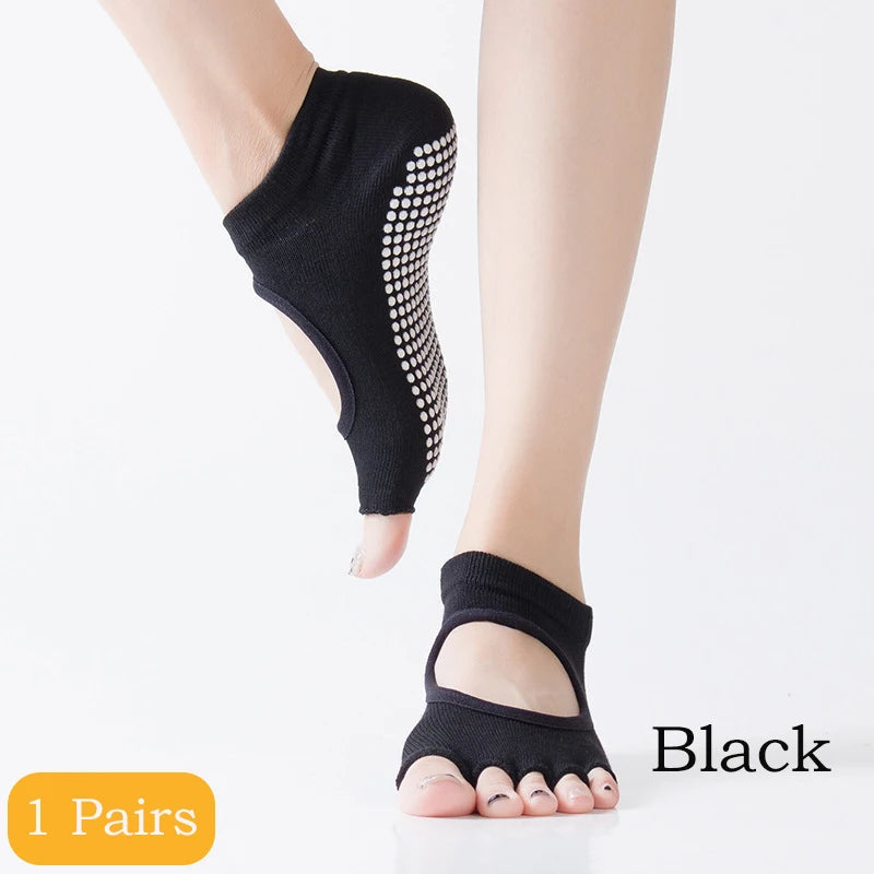 2 Pairs Yoga Socks Comfort Dot Glue Five-finger Socks Women's Professional Non-slip Pilates Sports Cotton Yoga Split Toe Socks