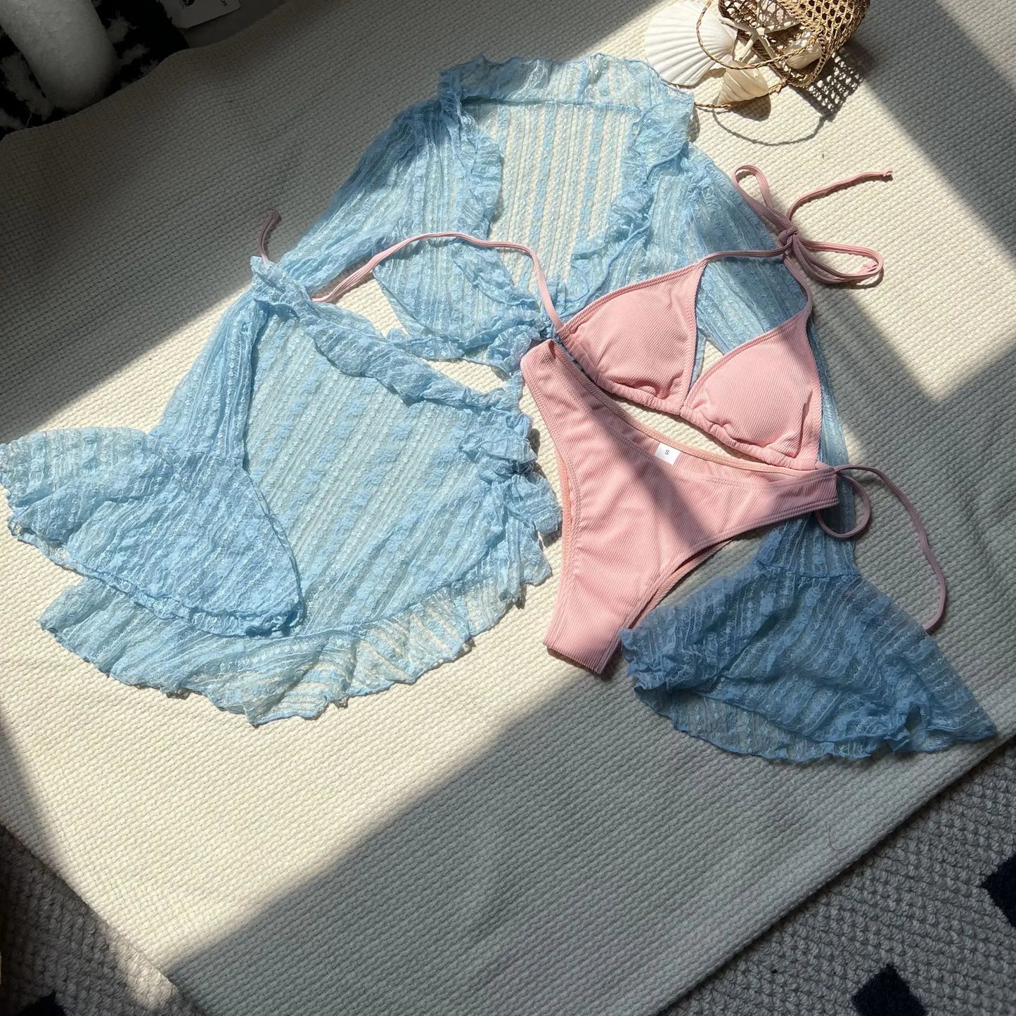 VigoCasey Sexy Solid 4 Piece Mesh Cove Up Bikini Set Swimwear Women 2025 Tied Halter Push Up Swimsuit Lady Beach Bathing Suit