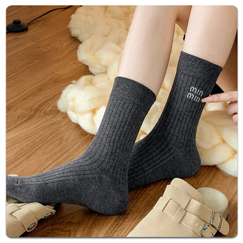 5 Pairs Socks Letter Designer Women Socks Luxury Brands Embroidered Striped Double-needle Mid-Tube Fashion Solid Cotton Socks