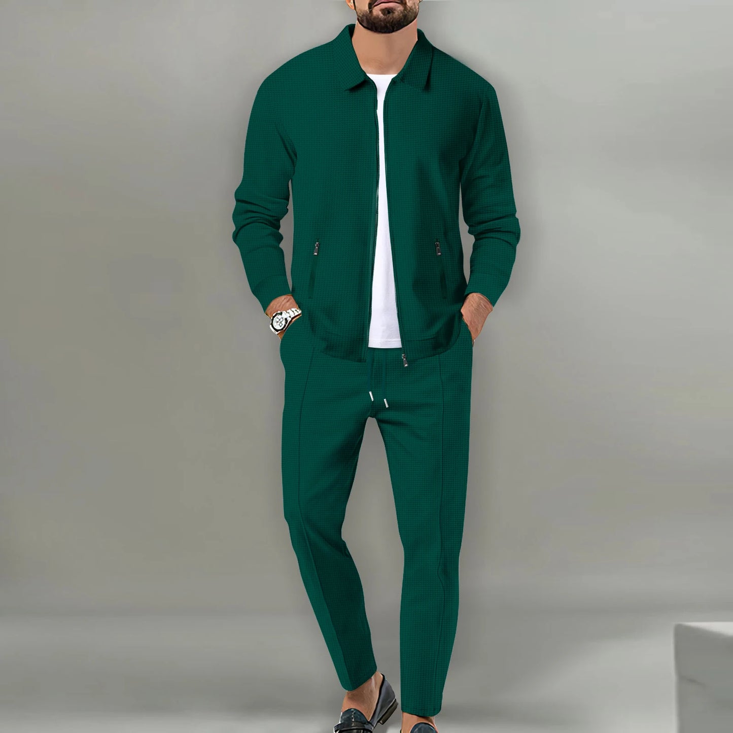 2025 Spring And Autumn Men's Two-Piece Breathable Waffle Lattice Zipper Pocket Lapel slim Cardigan Coat and Pants Men's Suit