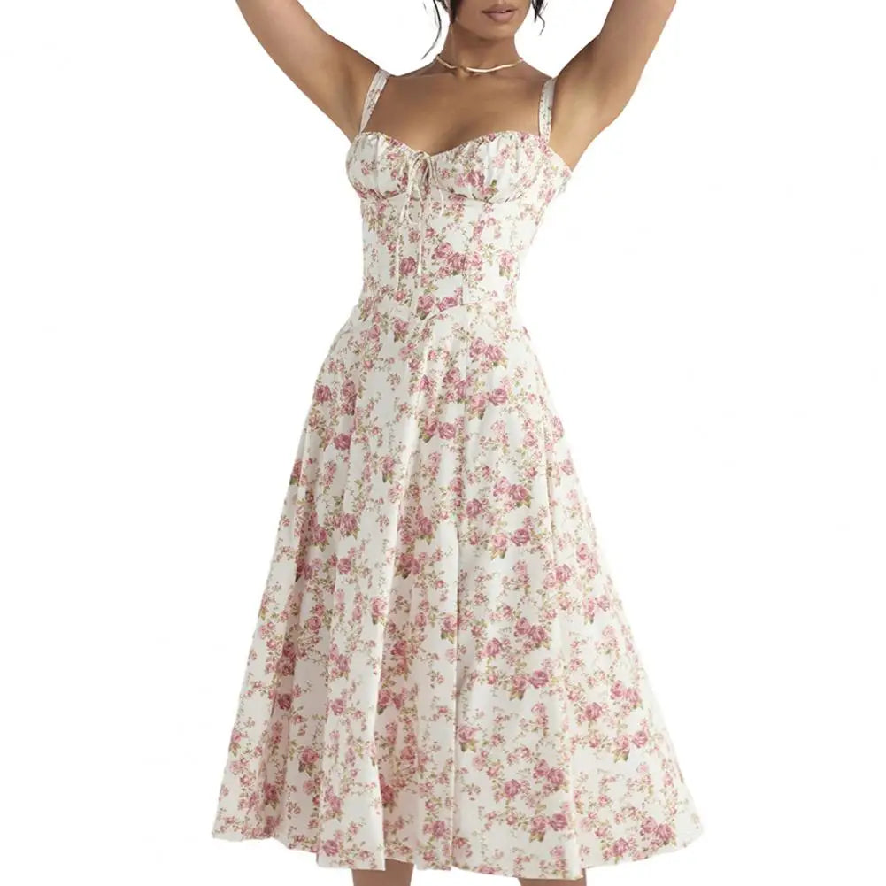 Sleeveless Party Dress Elegant Lace-up Bandeau Floral Print Midi Dress with Corset Design Side Split Hem Women's Slim for Women