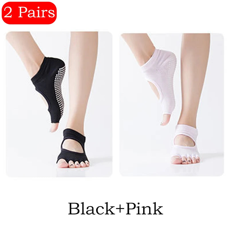 2 Pairs Yoga Socks Comfort Dot Glue Five-finger Socks Women's Professional Non-slip Pilates Sports Cotton Yoga Split Toe Socks