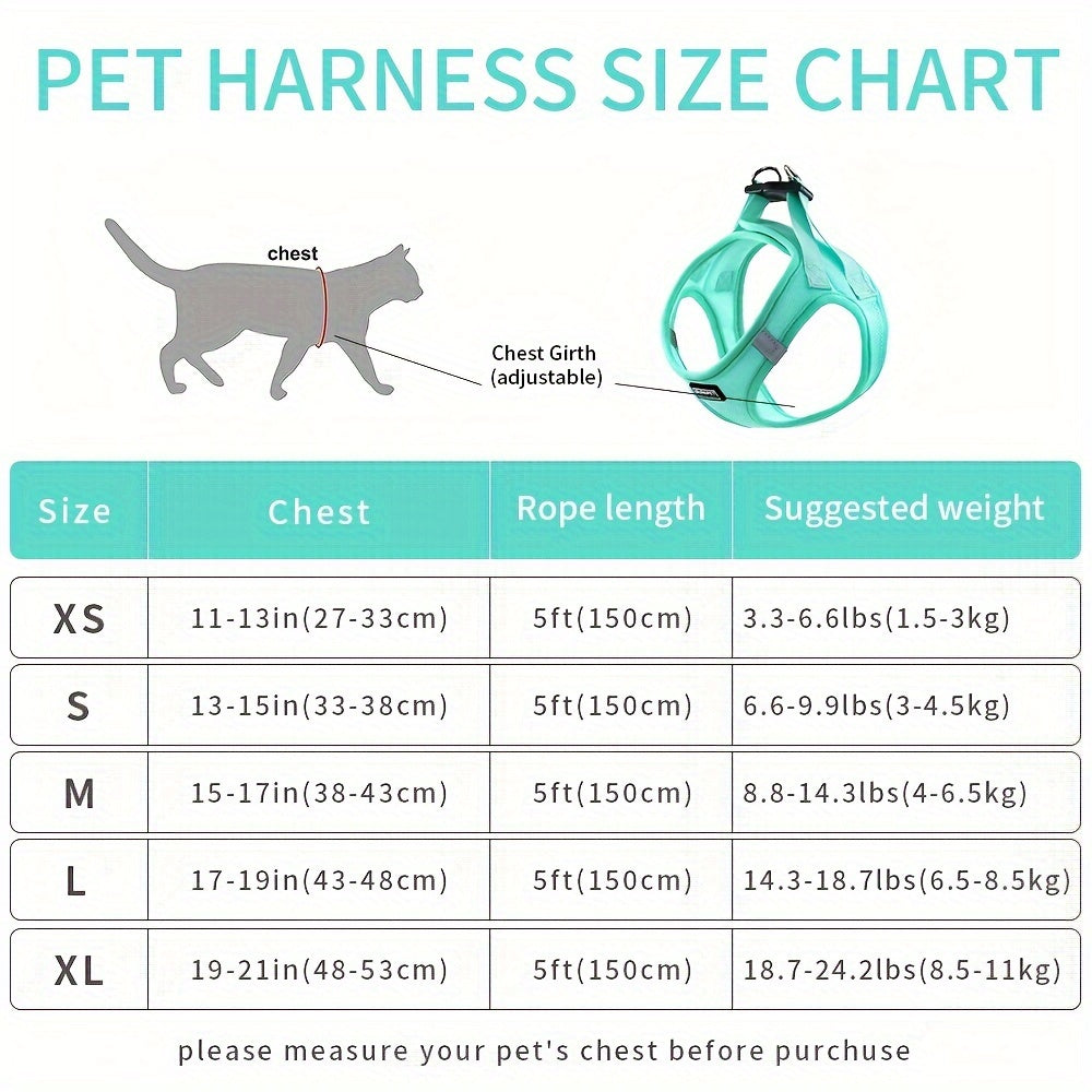 Adjustable Cat Harness with Reflective Strap, Soft Breathable Vest for Walking, Escape-Proof, Polyester, Machine Washable, Comfortable Outdoor Cat Gear