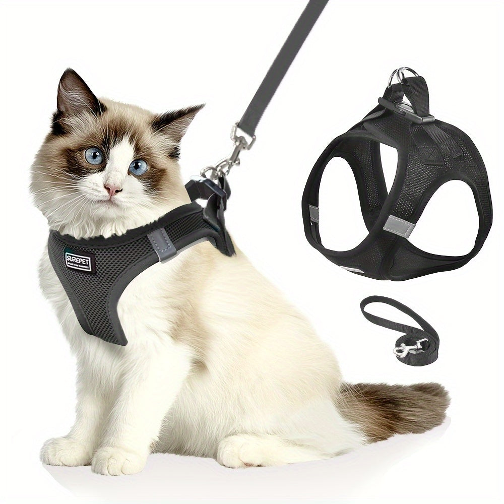 Adjustable Cat Harness with Reflective Strap, Soft Breathable Vest for Walking, Escape-Proof, Polyester, Machine Washable, Comfortable Outdoor Cat Gear