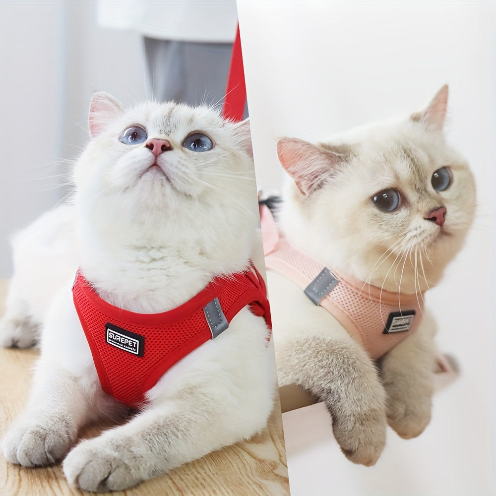 Adjustable Cat Harness with Reflective Strap, Soft Breathable Vest for Walking, Escape-Proof, Polyester, Machine Washable, Comfortable Outdoor Cat Gear