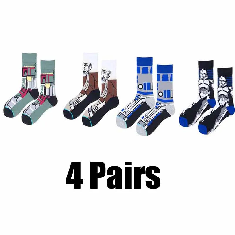 4 Pairs Star Wars Movie Cotton Long socks Master Yoda R2-D2 Cosplay Socks Wookiee Jedi Knight Novelty Men's Women's Socks