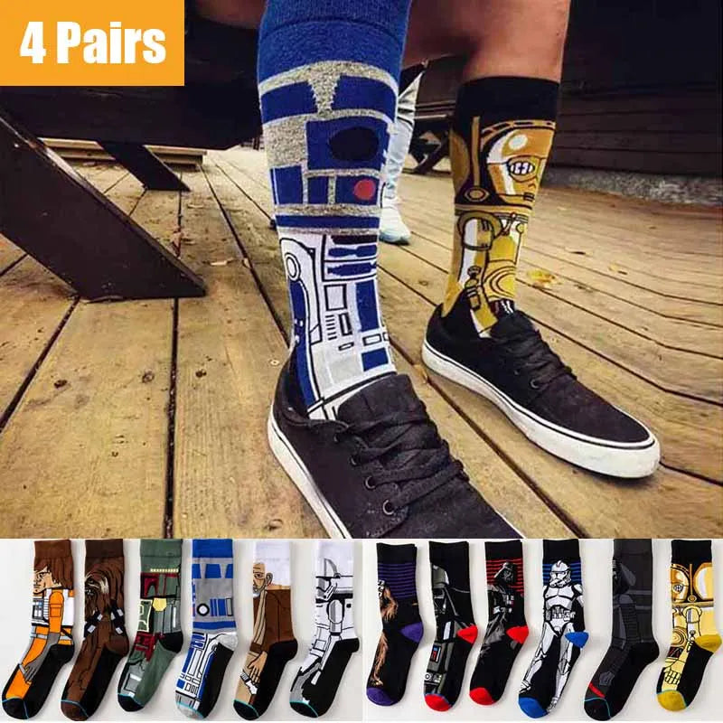 4 Pairs Star Wars Movie Cotton Long socks Master Yoda R2-D2 Cosplay Socks Wookiee Jedi Knight Novelty Men's Women's Socks