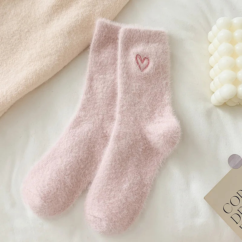 Thickened Middle Tube Socks Mink Fur Pink Embroidered Heart-shaped Women Autumn Winter Warm Sleep Home Solid Color Plush Sock