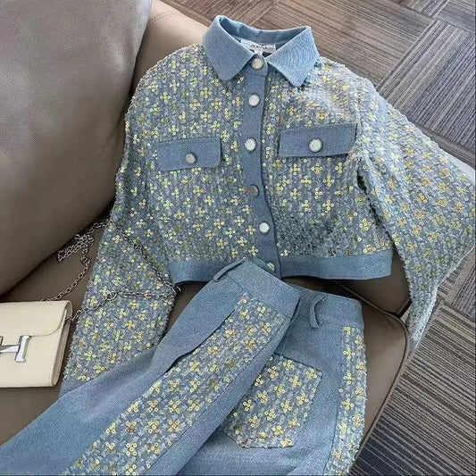 2025 Spring Autumn New 2 Piece Set Korean Hong Kong Style Design Sense Single-breasted Short Ladies Coat Retro Slim Pants Sets