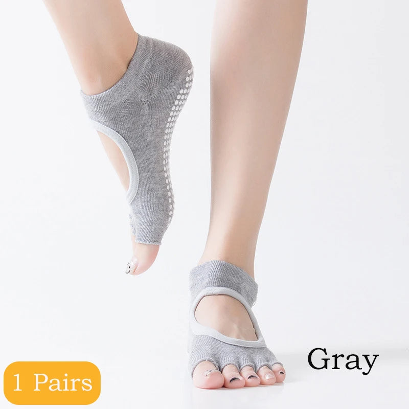 2 Pairs Yoga Socks Comfort Dot Glue Five-finger Socks Women's Professional Non-slip Pilates Sports Cotton Yoga Split Toe Socks