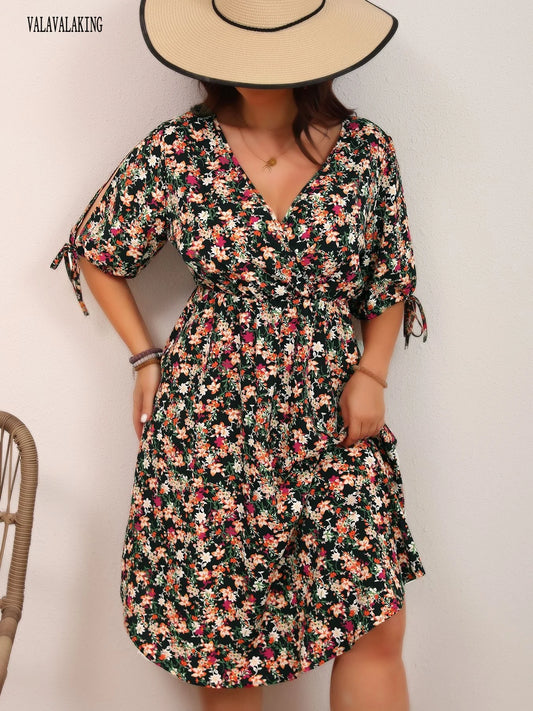 2025 Casual Flower Print Plus Size Dress Women Summer Short Sleeve Vacation Dress Ladies Elegant Ruffle Bohemian Beach Dresses
