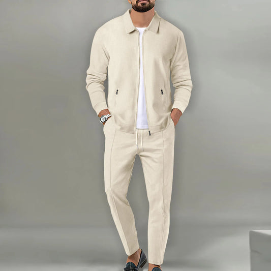 2025 Spring And Autumn Men's Two-Piece Breathable Waffle Lattice Zipper Pocket Lapel slim Cardigan Coat and Pants Men's Suit