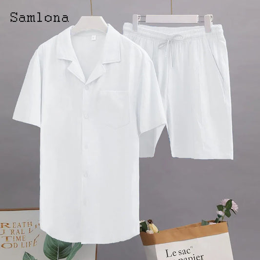 Plus Size 3xl Mens Casual Linen Two Piece Sets 2024 Western Style Fashion Shirts and White Shorts Suit Male Basic Tracksuits Set