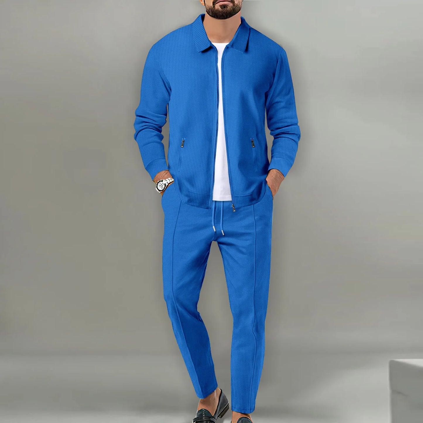 2025 Spring And Autumn Men's Two-Piece Breathable Waffle Lattice Zipper Pocket Lapel slim Cardigan Coat and Pants Men's Suit