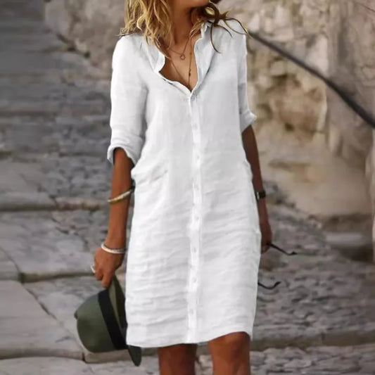 Women's White Long Sleeved Elegant Shirt Dress, Women's Fashionable Spring Casual Wear, Women's