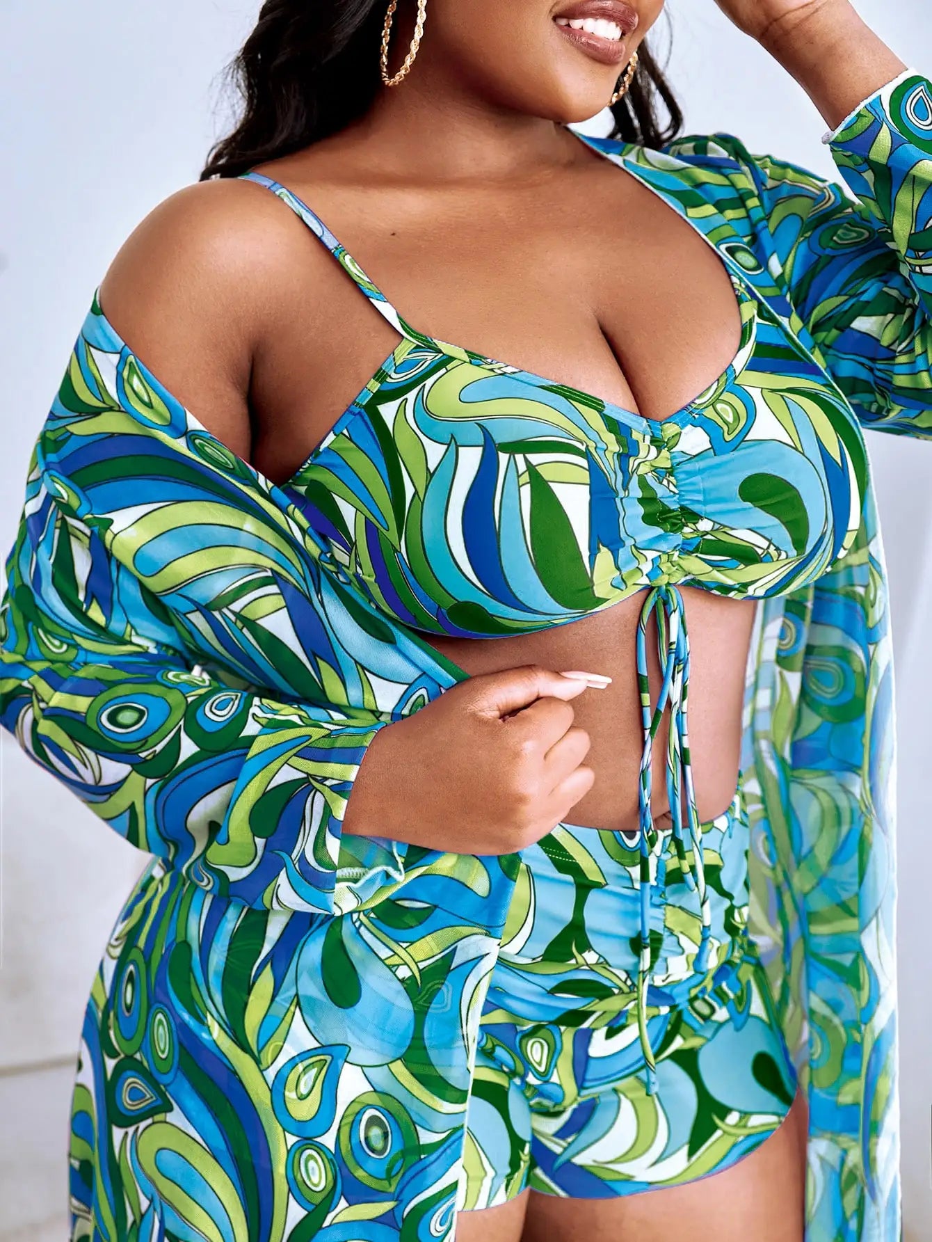 3 Pieces Large Size Bikini 2025 Printed Swimsuit Women & Kimono Drawstring Front Swimwear Female Bathing Swimming Suit Beachwear