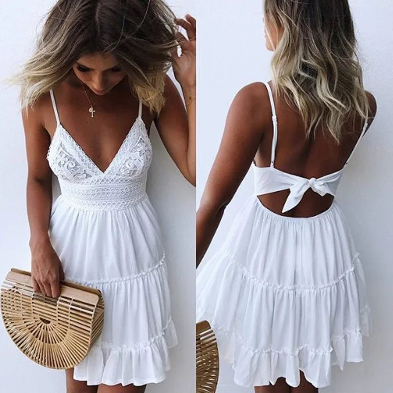 Summer Sexy Spaghetti Strap Women's Dress Fashion White Elegant Casual Mini Beach Party Dresses For Women Robe Femme