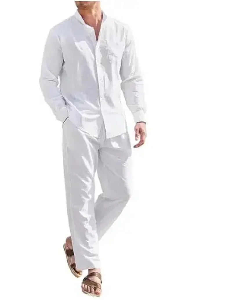 Sky Blue White Black Sports Suit Men's Beach Casual Linen Loose Long-sleeved Shirt Trousers Workwear Two-piece Male Set