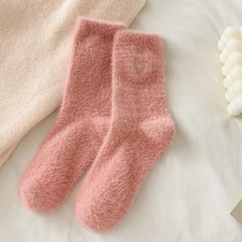 Thickened Middle Tube Socks Mink Fur Pink Embroidered Heart-shaped Women Autumn Winter Warm Sleep Home Solid Color Plush Sock
