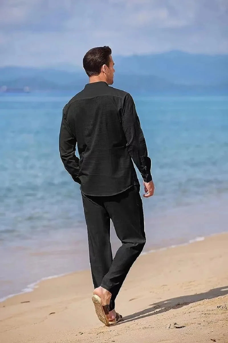 Sky Blue White Black Sports Suit Men's Beach Casual Linen Loose Long-sleeved Shirt Trousers Workwear Two-piece Male Set