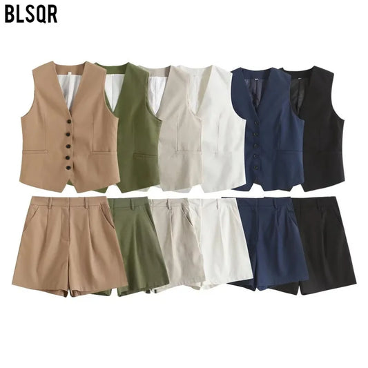 Retro Linen Office Lady Women Suits V Neck Vest Blazer Commuter Wide Leg Shorts Fashion 2024 Summer Vintage 2 Piece work clothes