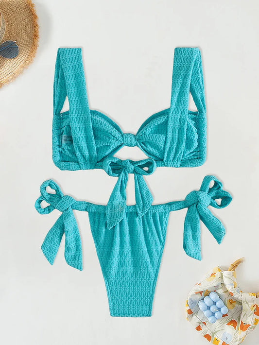 Sexy Front Tie Push Up Bikini Set 2025 Women Twist Pleate Tie Side Thong Swimsuit Summer Bathing Suit Micro Swimwear Biquini