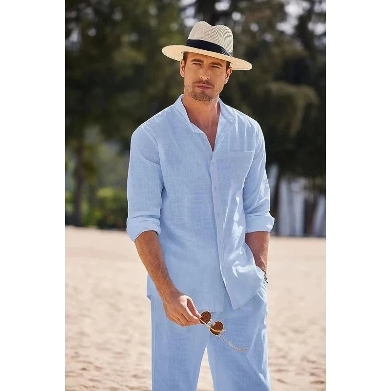 Sky Blue White Black Sports Suit Men's Beach Casual Linen Loose Long-sleeved Shirt Trousers Workwear Two-piece Male Set