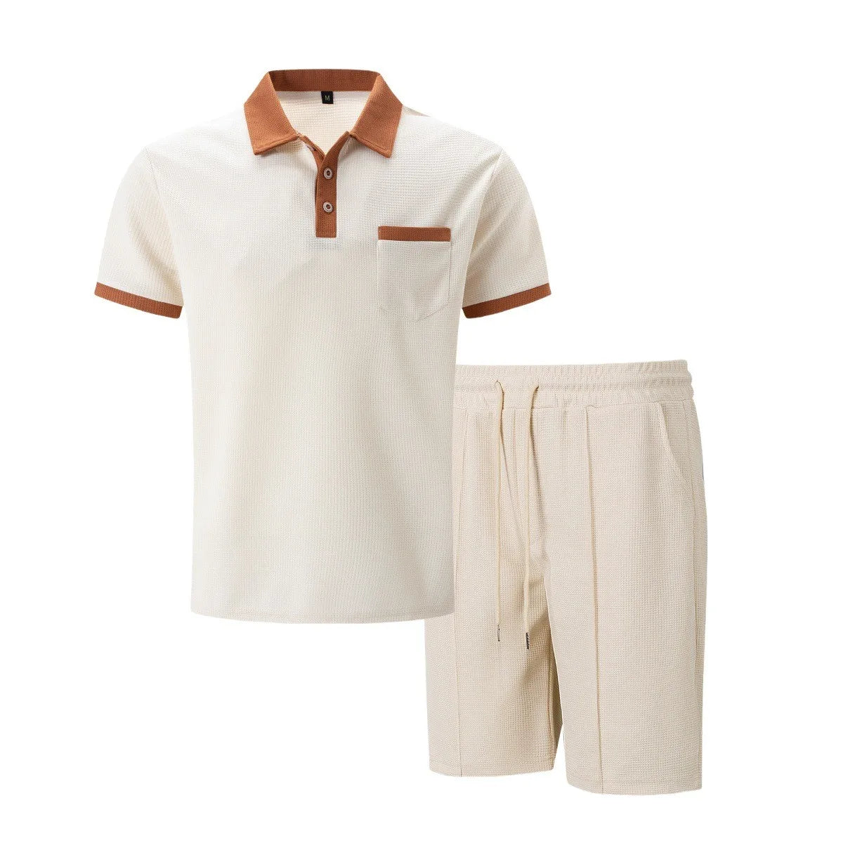 2025 summer new men waffle pocket color matching POLO shirt short sleeve shirt T-shirt shorts two sets