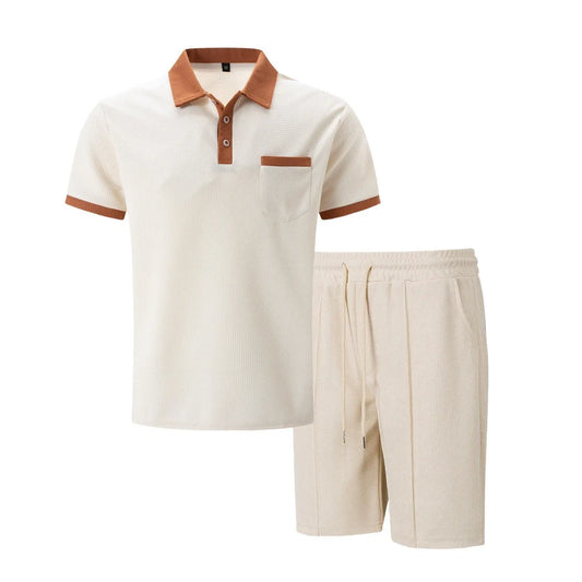 2025 summer new men waffle pocket color matching POLO shirt short sleeve shirt T-shirt shorts two sets