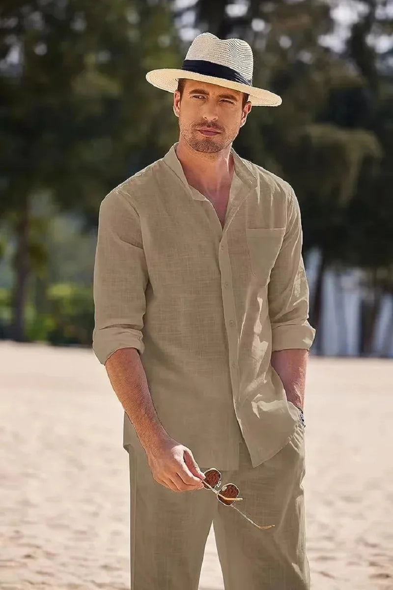 Sky Blue White Black Sports Suit Men's Beach Casual Linen Loose Long-sleeved Shirt Trousers Workwear Two-piece Male Set