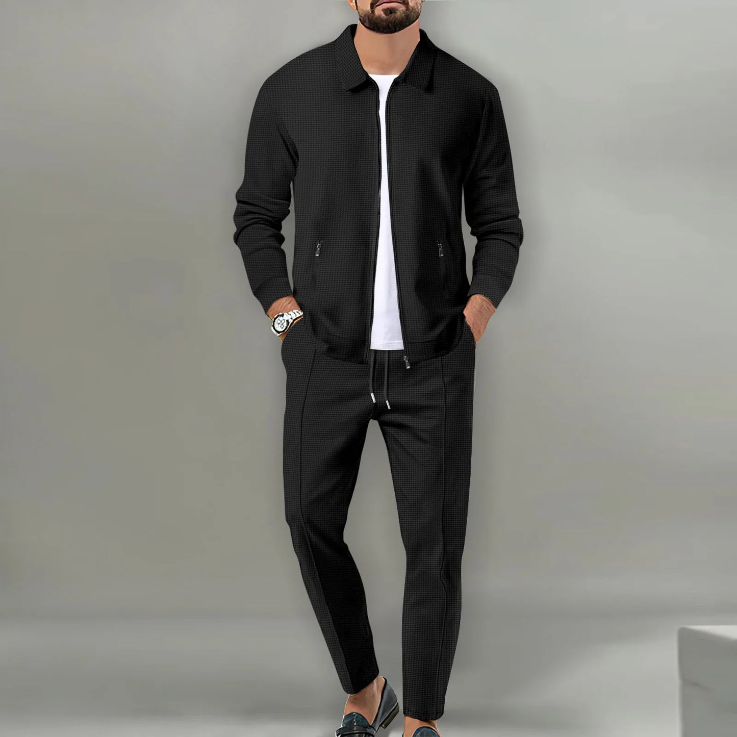 2025 Spring And Autumn Men's Two-Piece Breathable Waffle Lattice Zipper Pocket Lapel slim Cardigan Coat and Pants Men's Suit