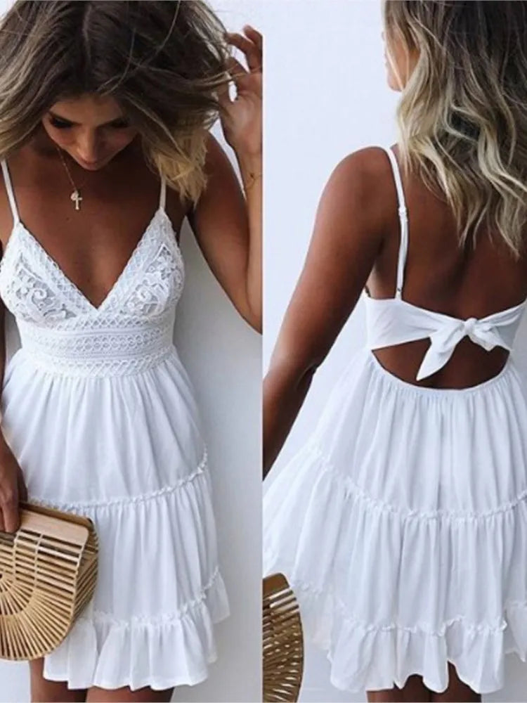 Summer Sexy Spaghetti Strap Women's Dress Fashion White Elegant Casual Mini Beach Party Dresses For Women Robe Femme