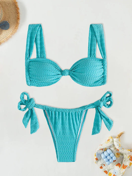 Sexy Front Tie Push Up Bikini Set 2025 Women Twist Pleate Tie Side Thong Swimsuit Summer Bathing Suit Micro Swimwear Biquini