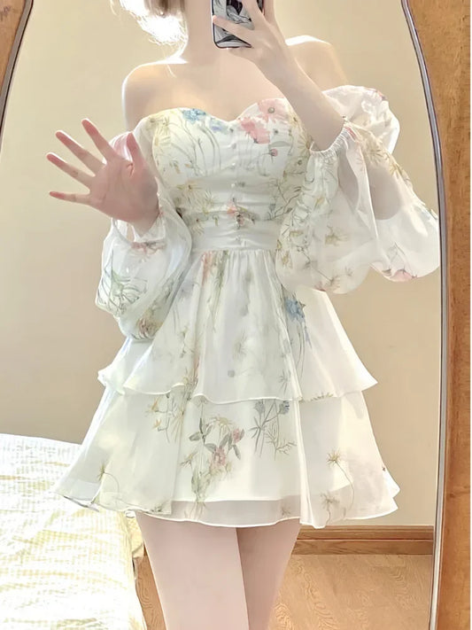 2024 French Elegant Floral Mini Dress Chiffon Long Sleeve Evening Party Dress Women Holiday Beach Boho Fairy Dress Korean Robes