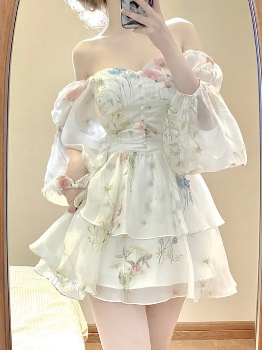 2024 French Elegant Floral Mini Dress Chiffon Long Sleeve Evening Party Dress Women Holiday Beach Boho Fairy Dress Korean Robes