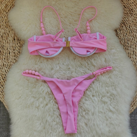 2025 Sexy Pink Bikini Set with Beaded Straps Perfect for Summer Beachwear Pool Parties Special Occasions Stand Out This Summer