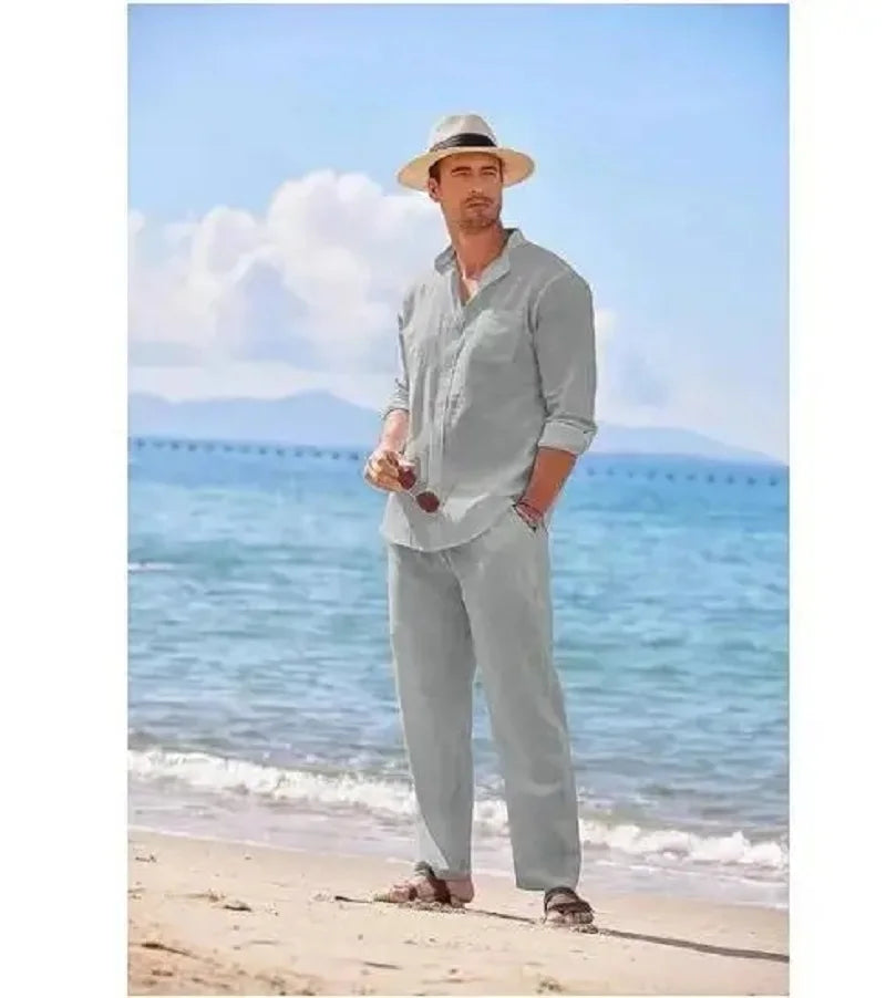 Sky Blue White Black Sports Suit Men's Beach Casual Linen Loose Long-sleeved Shirt Trousers Workwear Two-piece Male Set