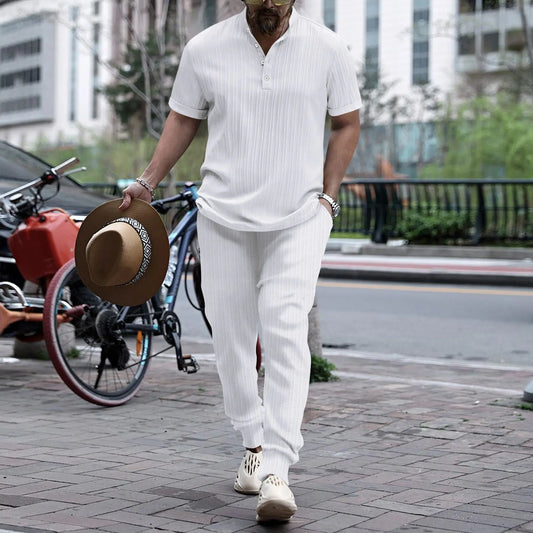 2024 new men's striped stand collar pullover fashion casual shirt short sleeve trousers comfortable trend Hawaiian beach suit