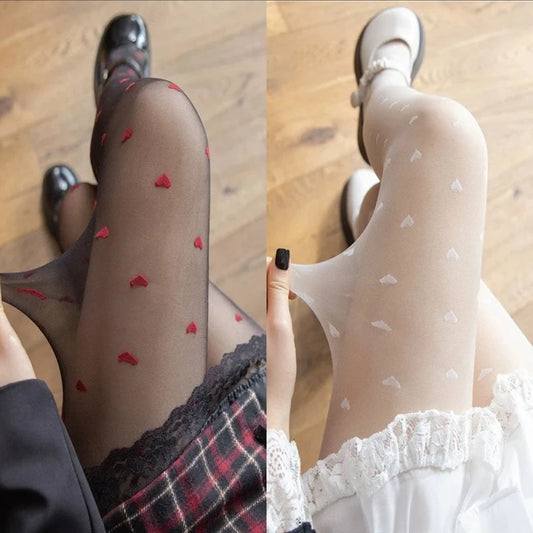 Sexy Black Stockings Women Heart Tights Small Stockings Thin Vintage Faux Tattoo Thigh Sheer Pantyhose Female Elastic Hosiery