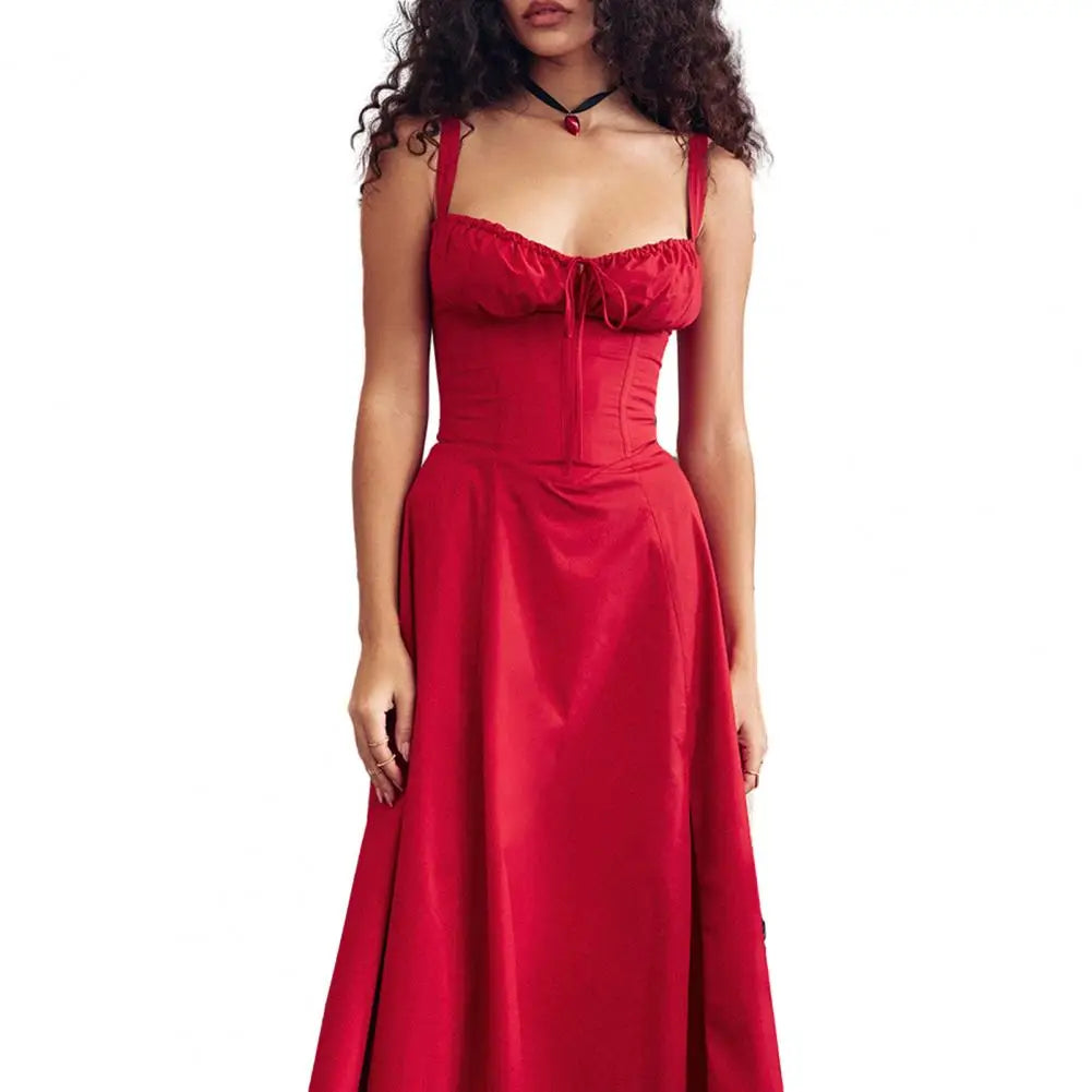 Sleeveless Party Dress Elegant Lace-up Bandeau Floral Print Midi Dress with Corset Design Side Split Hem Women's Slim for Women