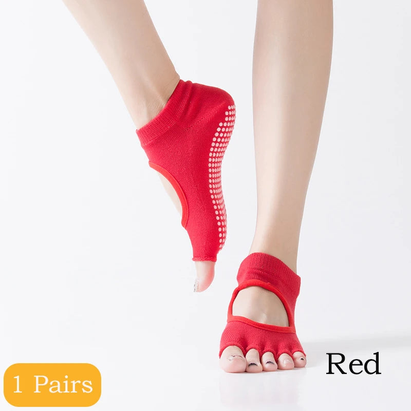 2 Pairs Yoga Socks Comfort Dot Glue Five-finger Socks Women's Professional Non-slip Pilates Sports Cotton Yoga Split Toe Socks