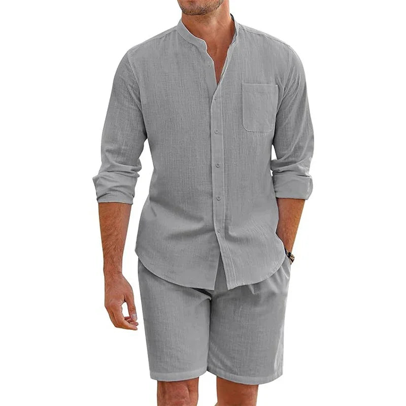 Summer Men's Casual Sets Breathable Cotton Linen Vintage Stand Collar Shirts+Shorts Sets Men Comfortable Breathable Beach Suits