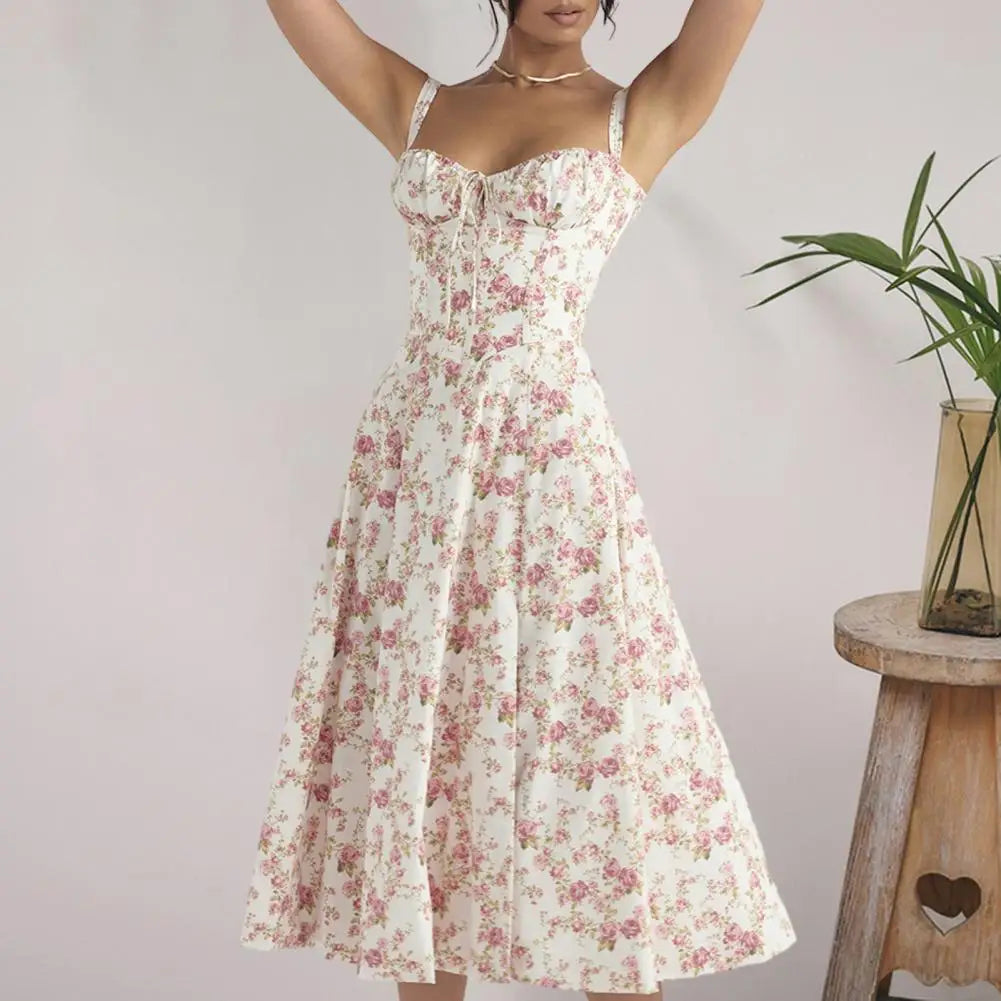 Sleeveless Party Dress Elegant Lace-up Bandeau Floral Print Midi Dress with Corset Design Side Split Hem Women's Slim for Women