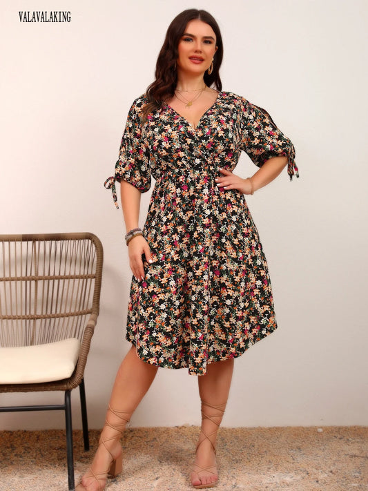 2025 Casual Flower Print Plus Size Dress Women Summer Short Sleeve Vacation Dress Ladies Elegant Ruffle Bohemian Beach Dresses